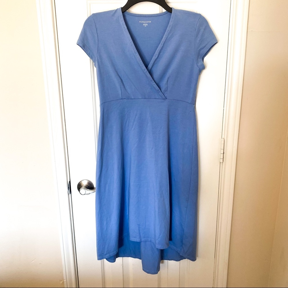 Eileen Fisher Faux Wrap Dress Light Blue Petite Organic Cotton